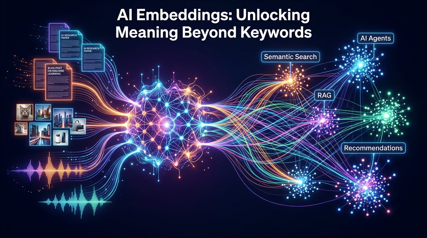 A conceptual diagram illustrating AI embeddings, showing diverse data inputs transforming into clustered points in a vector space, powering semantic search, RAG, and AI agents.