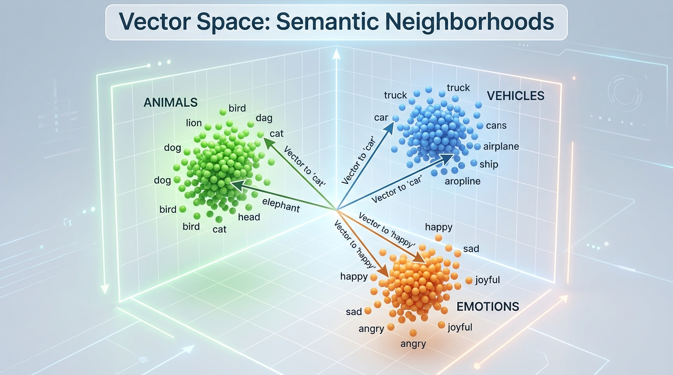 A 3D visualization of a vector space showing clusters of semantically similar data points, illustrating how embeddings group related concepts.