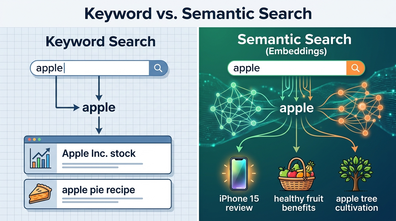 A comparison illustrating keyword search versus semantic search powered by embeddings, showing how semantic search returns more contextually relevant results.