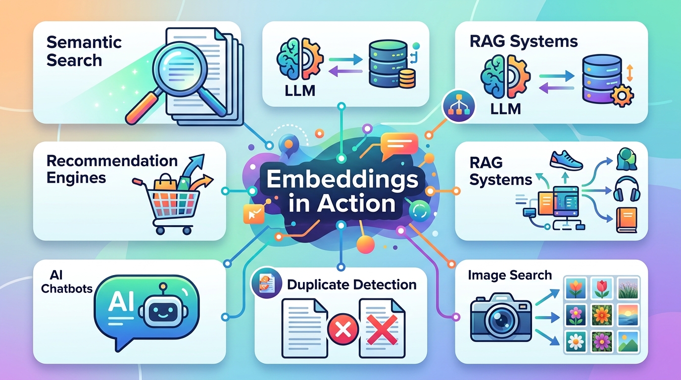An infographic displaying diverse real-world applications of AI embeddings, including semantic search, RAG, recommendation systems, and AI chatbots.