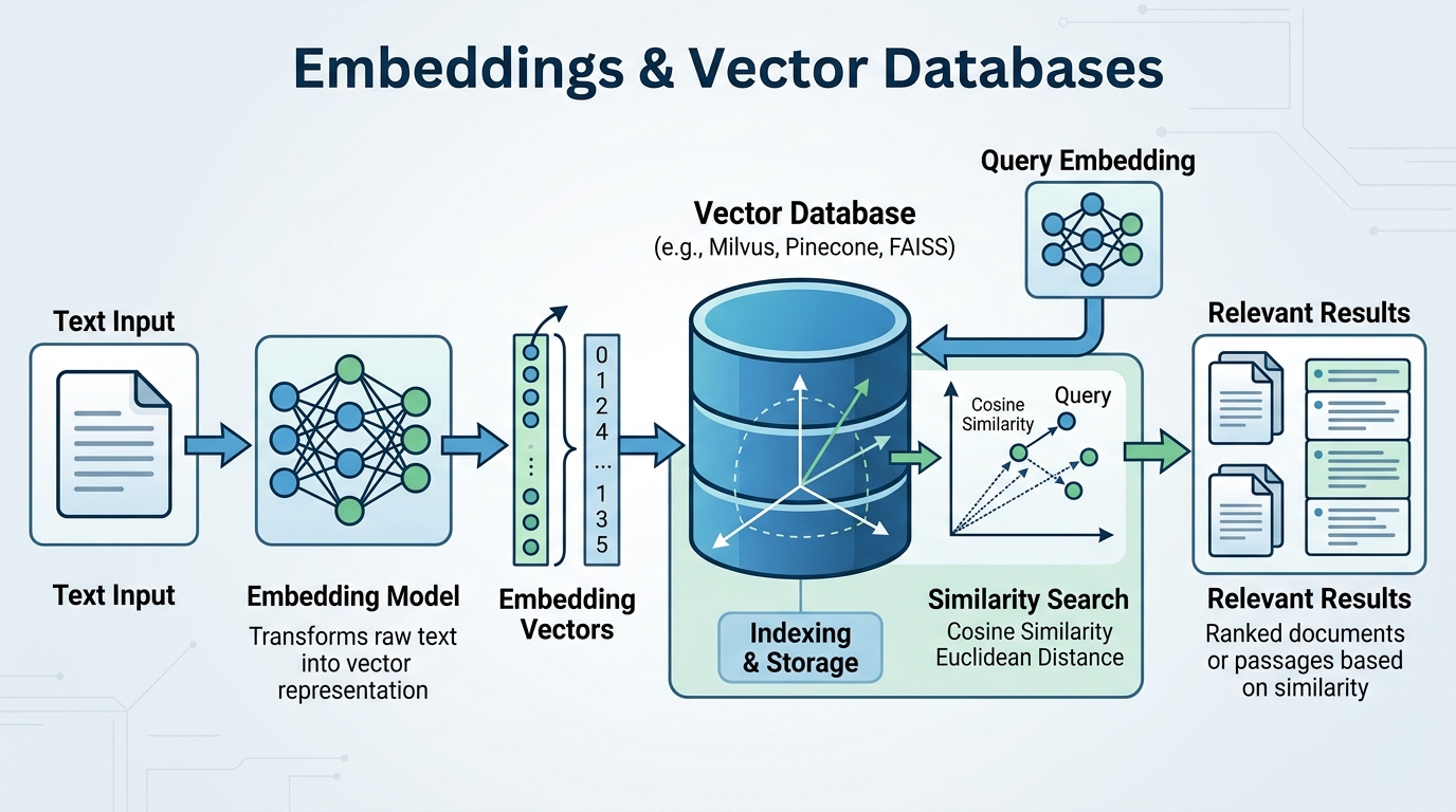 An architectural diagram showing how text is converted into embedding vectors, stored in a vector database, and used for similarity search to retrieve relevant results.