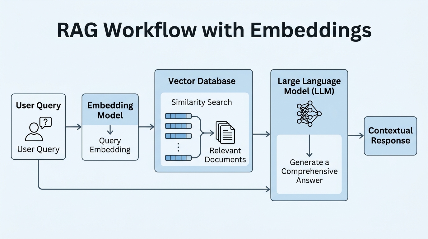 A diagram illustrating the Retrieval-Augmented Generation (RAG) workflow, showing how embeddings and a vector database retrieve relevant documents to augment an LLM's response.