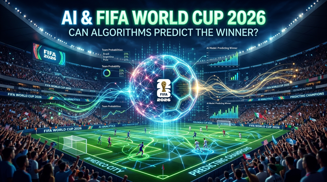 A futuristic football stadium with glowing data streams and AI elements, symbolizing AI's role in predicting the FIFA World Cup 2026 winner.
