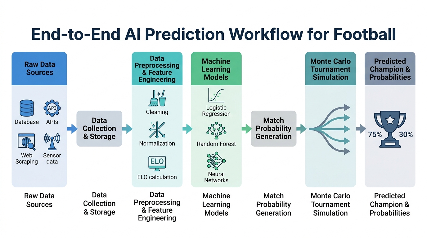 An infographic illustrating the AI football prediction pipeline, from raw data collection and preprocessing to model training, match probability generation, Monte Carlo simulation, and final champion prediction.