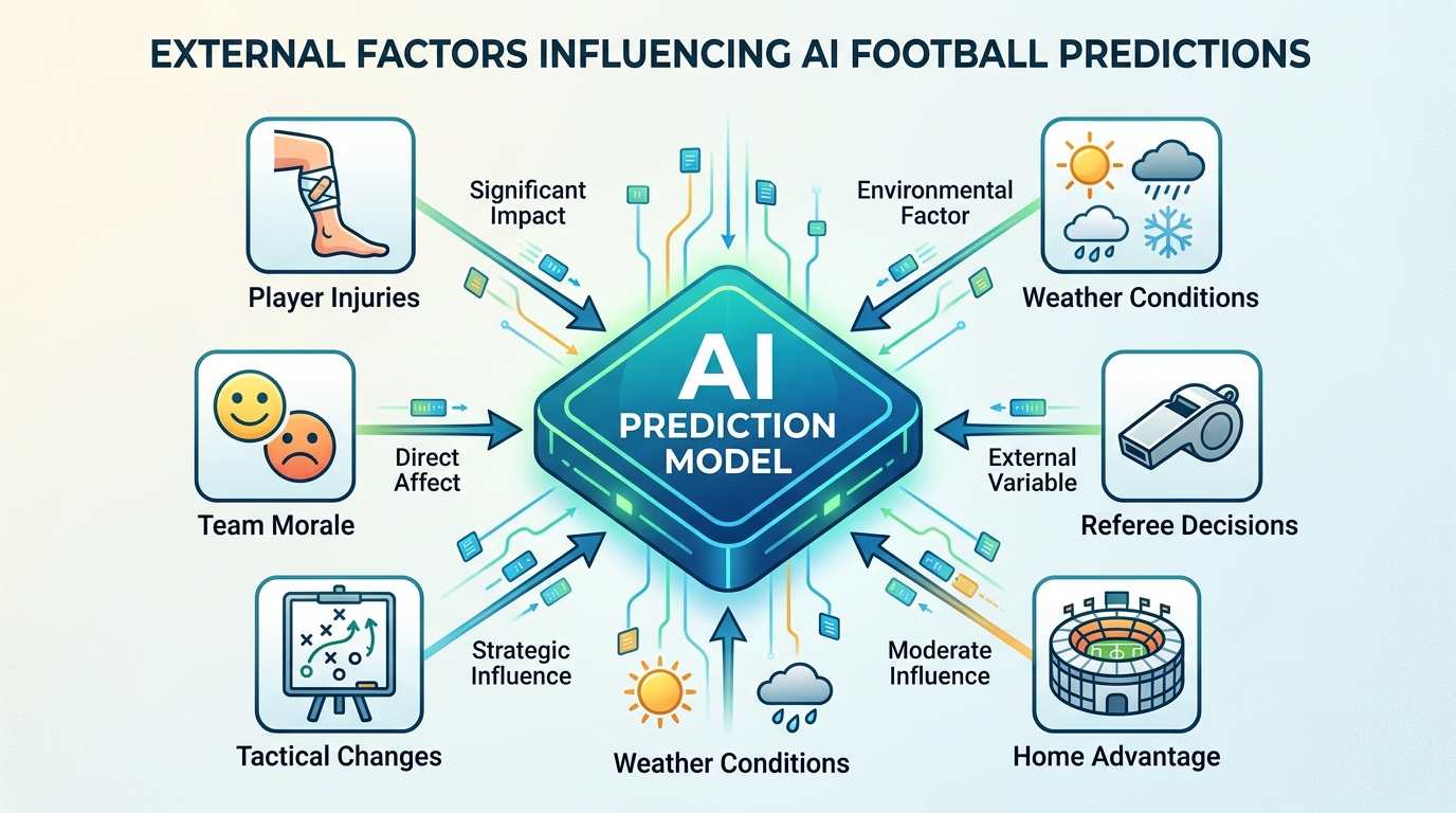 A diagram illustrating how external factors like player injuries, team morale, tactical changes, weather, referee decisions, and home advantage influence AI football predictions.