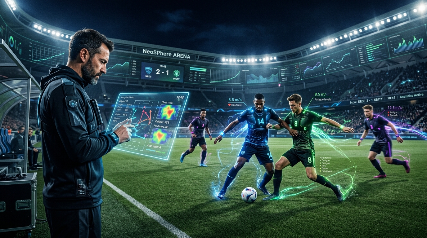 Futuristic football players with wearable technology and a coach analyzing real-time data on a holographic tablet, symbolizing the future of AI in sports analytics.