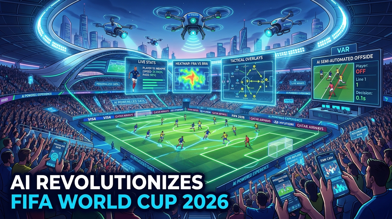 A comprehensive visual summary of AI's impact on FIFA World Cup 2026, showing player tracking, VAR, smart stadiums, and fan engagement.