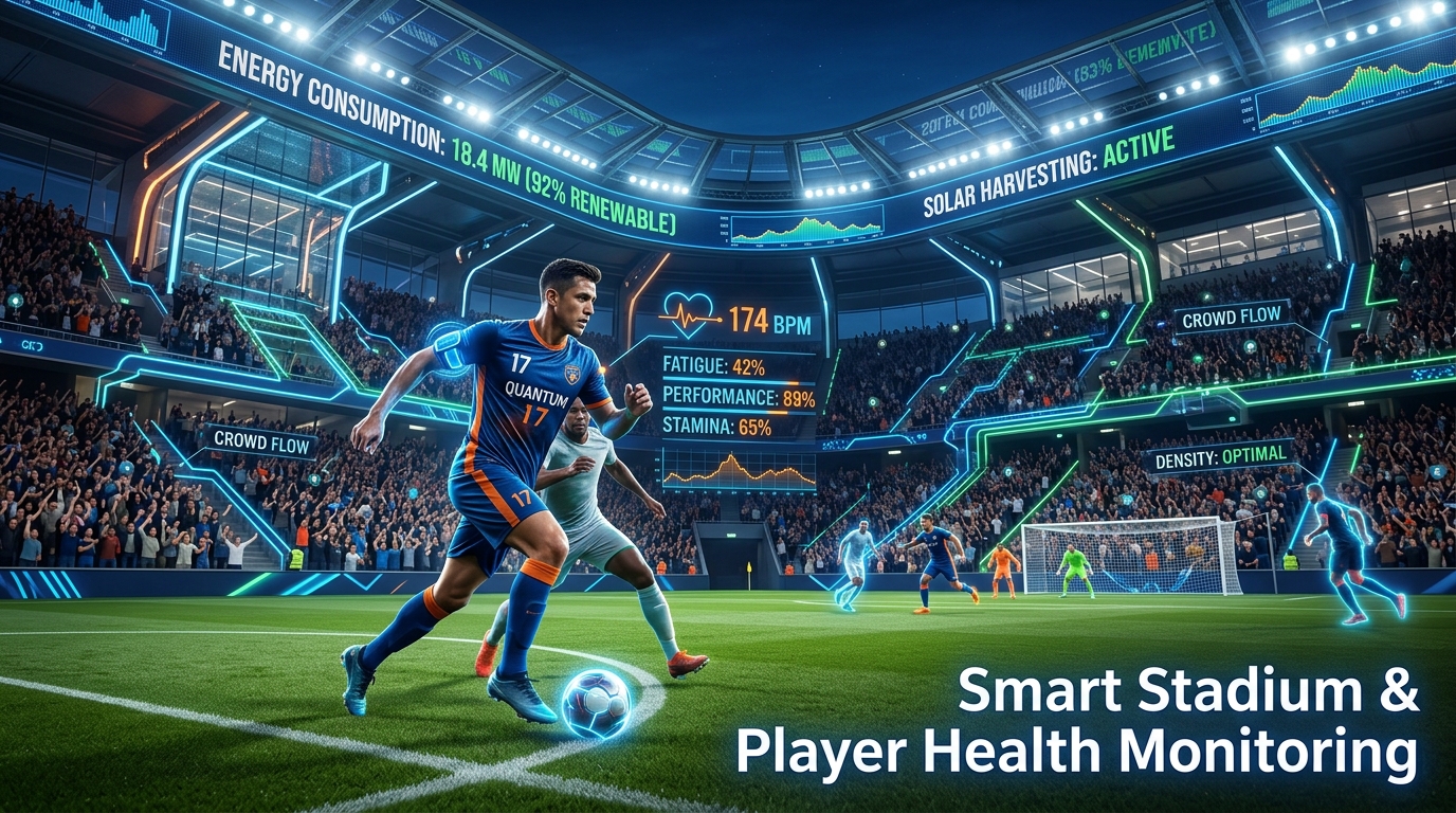 An illustration of a smart stadium with AI-powered crowd management, energy optimization, and a player wearing a wearable for health monitoring.