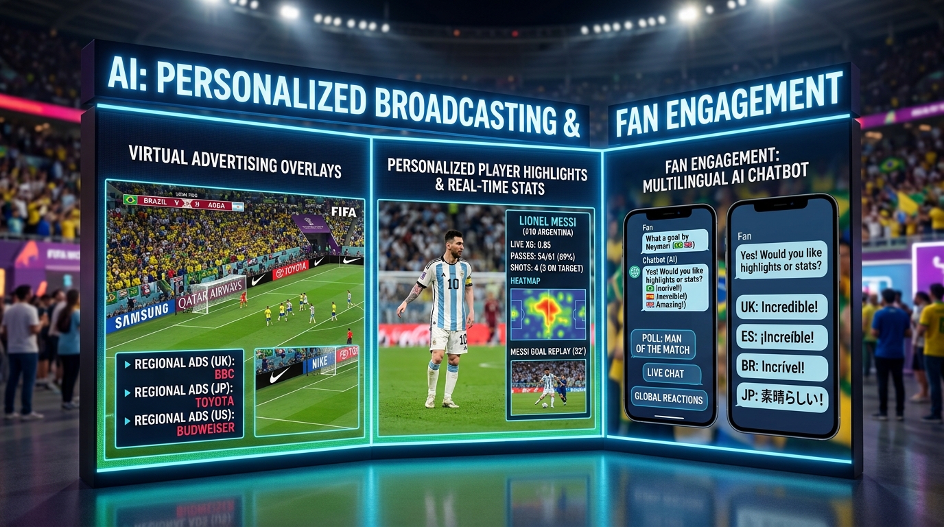 A visual representation of AI enhancing football broadcasting with virtual advertising, personalized highlights, and fan chatbots.