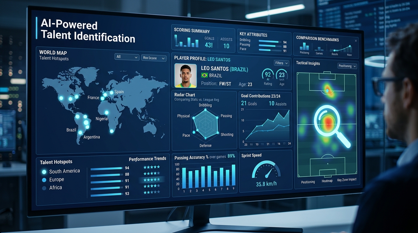 A dashboard illustrating AI's role in football scouting, showing player performance metrics, talent identification, and data-driven recruitment.