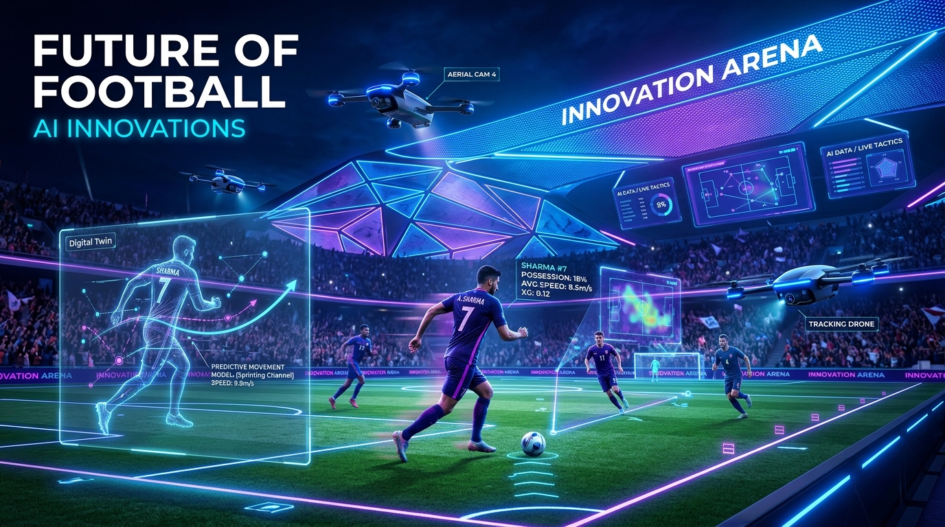 A futuristic vision of a football pitch with holographic tactical displays, autonomous cameras, and digital twins, showcasing advanced AI innovations.