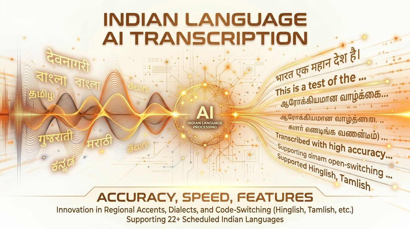 A visually engaging hero image showing AI processing diverse Indian languages, with sound waves transforming into text, highlighting innovation in speech-to-text technology for regional accents and code-switching.