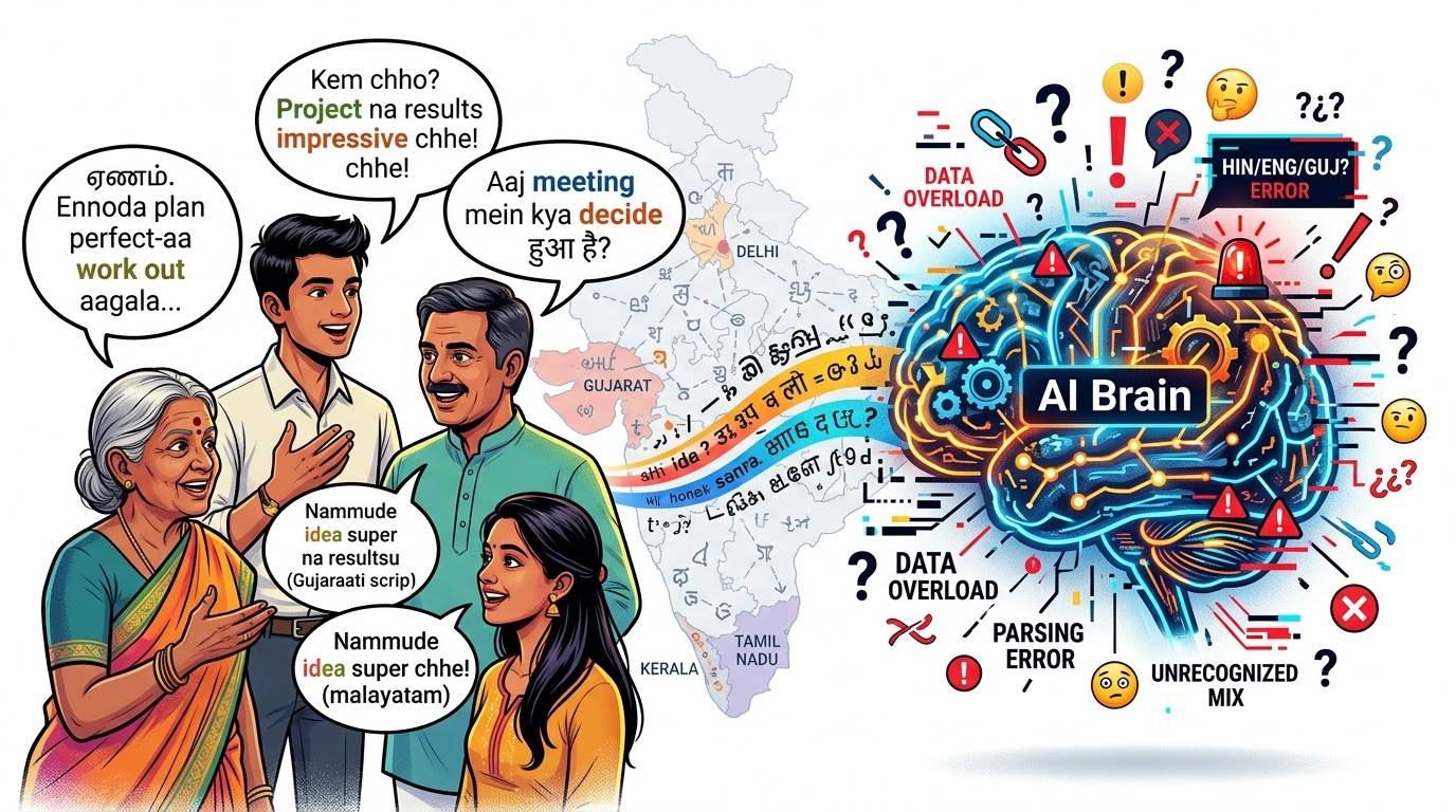 An image depicting the challenges of Indian language transcription, showing diverse speakers using mixed-language phrases and an AI struggling to process them.