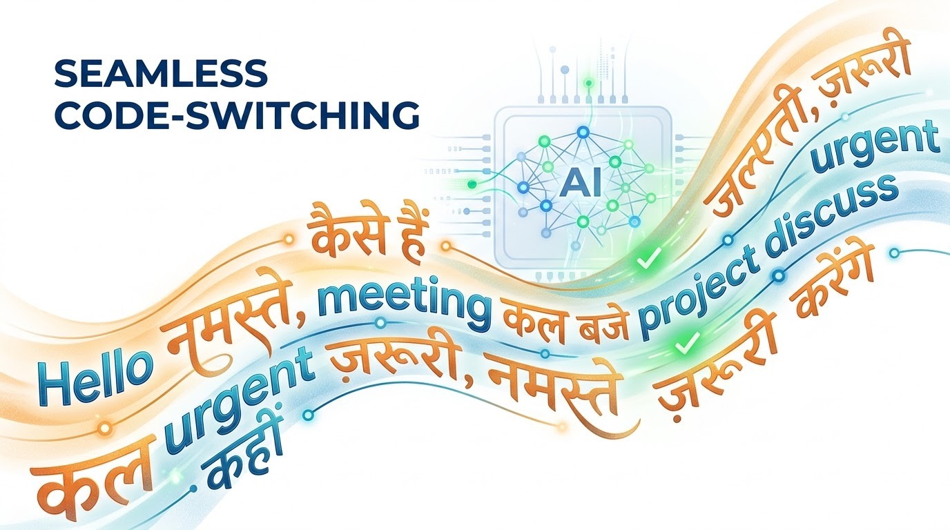 An abstract image showing seamless integration of Hindi and English text, representing successful code-switching transcription by AI.