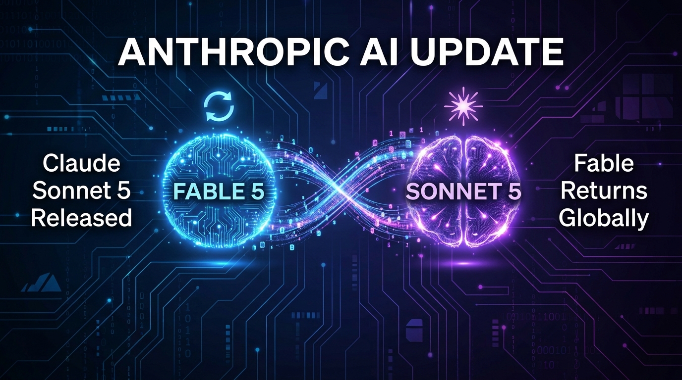 A hero image depicting two glowing AI brains, one labeled 'Fable 5' with a return icon and the other 'Sonnet 5' with a new icon, connected by data flows, against a futuristic network background. Text overlays announce 'Anthropic AI Update', 'Claude Sonnet 5 Released', and 'Fable Returns Globally'.