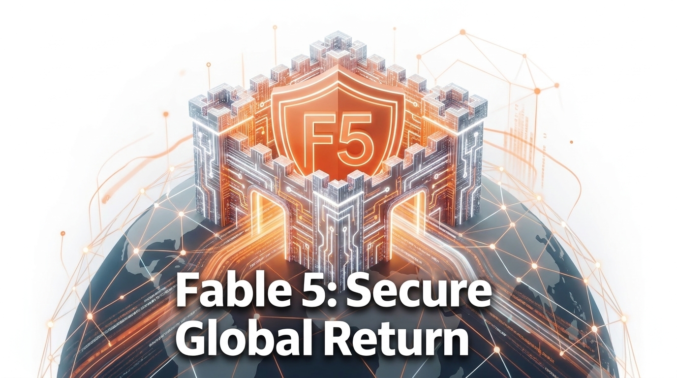 An abstract image of a secure digital fortress or shield, symbolizing the safe and compliant global return of Claude Fable 5, with data streams flowing around it. Text overlay: 'Fable 5: Secure Global Return'.