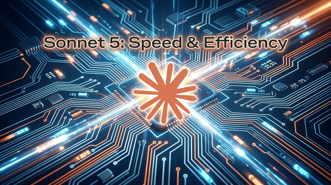 A dynamic abstract image of a glowing digital circuit board with fast-moving data, symbolizing the speed and efficiency of Claude Sonnet 5. Text overlay: 'Sonnet 5: Speed & Efficiency'.