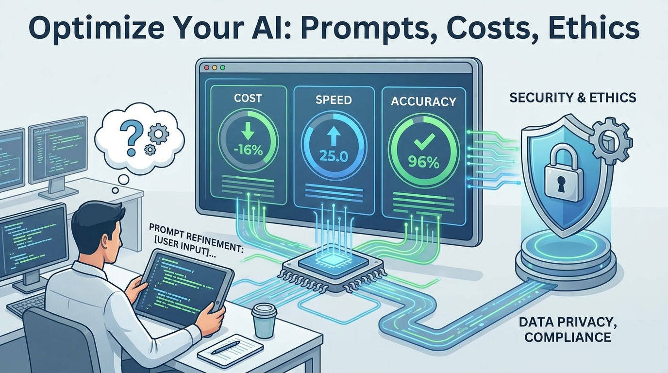 An image showing an optimized AI workflow dashboard with metrics, a developer refining prompts, and a shield for security. Text overlay: 'Optimize Your AI: Prompts, Costs, Ethics'.