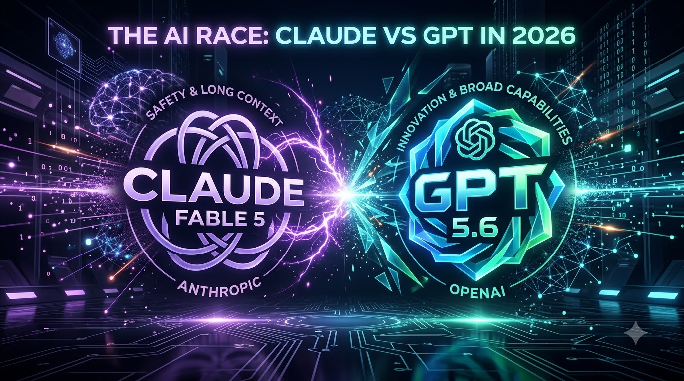 A hero image illustrating the competitive landscape between Anthropic Claude and OpenAI GPT in 2026, with their respective logos clashing amidst futuristic digital elements.