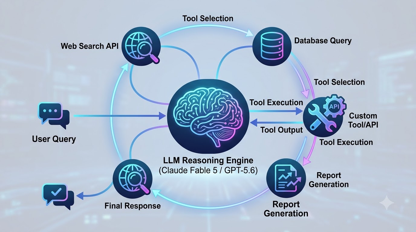 A diagram illustrating an AI agent workflow, showing an LLM reasoning engine interacting with various external tools like web search, databases, and custom APIs.