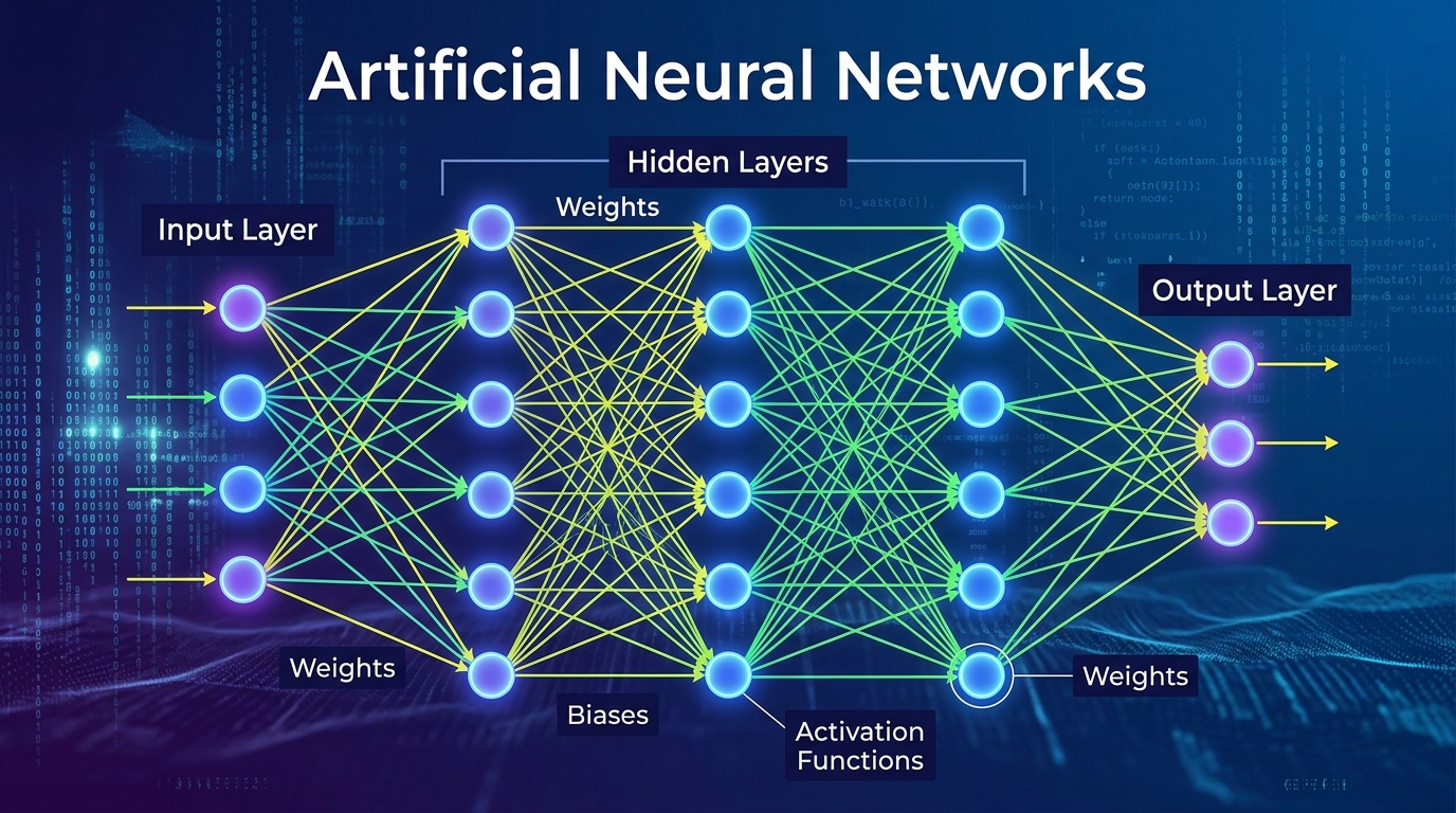 A comprehensive visual overview of an Artificial Neural Network, showing interconnected neurons, layers, and the flow of information.