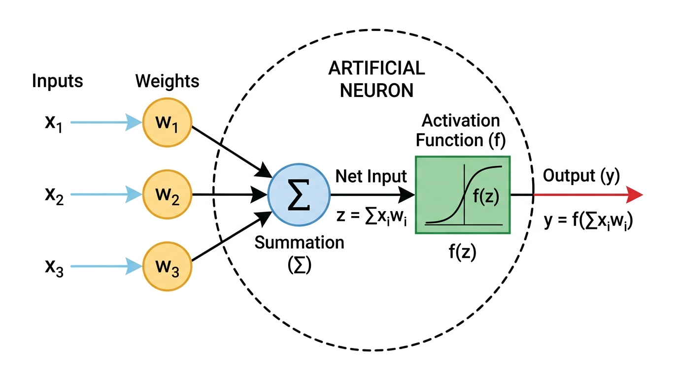 Diagram of a single artificial neuron showing inputs, weights, summation, activation function, and output.