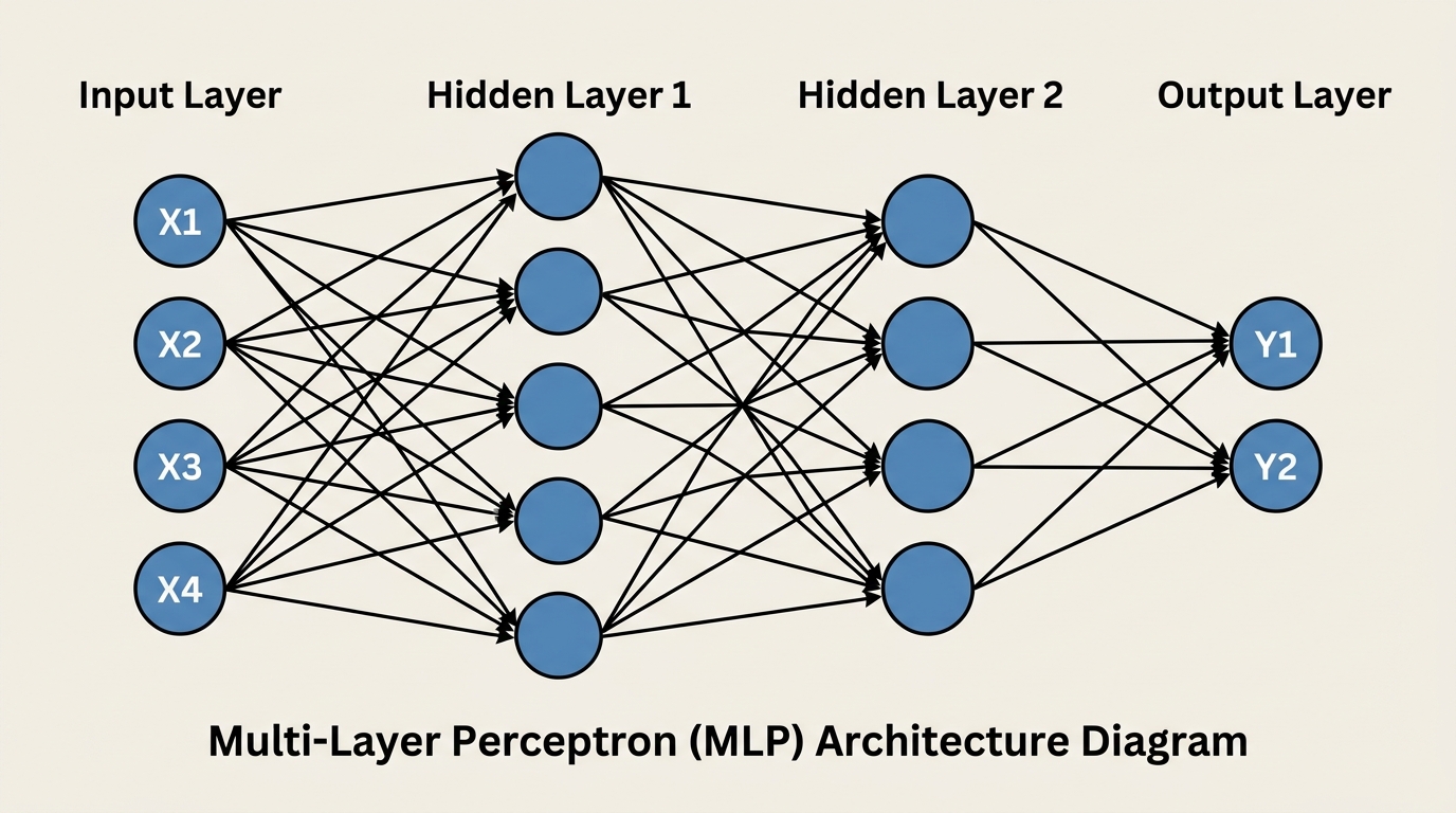Diagram of a Multi-Layer Perceptron (MLP) architecture showing input, hidden, and output layers with fully connected neurons.