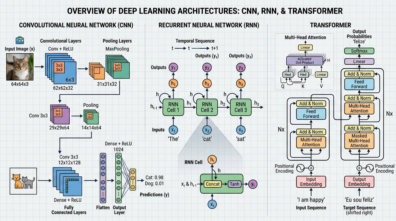 Illustrative diagrams of Convolutional Neural Network (CNN), Recurrent Neural Network (RNN), and Transformer architectures.