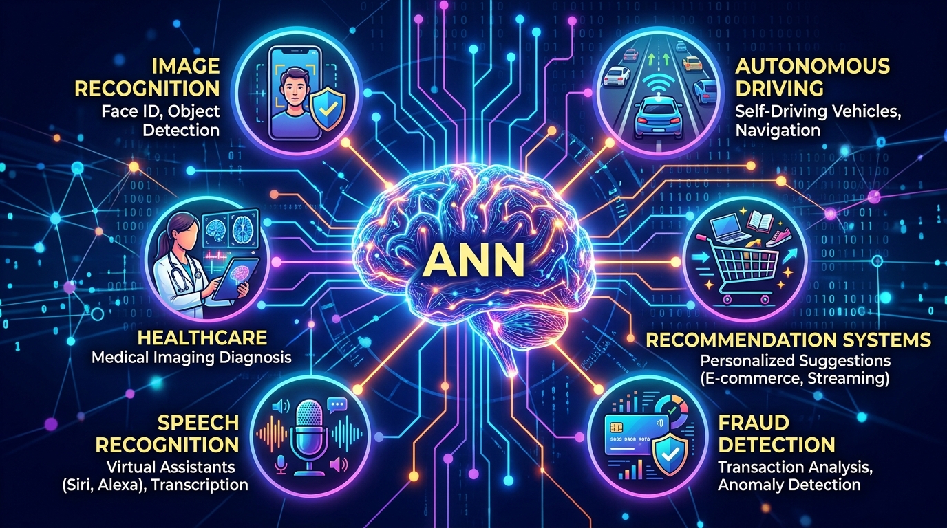 A collage depicting diverse real-world applications of Artificial Neural Networks including image recognition, autonomous vehicles, healthcare, recommendation systems, speech recognition, and fraud detection.