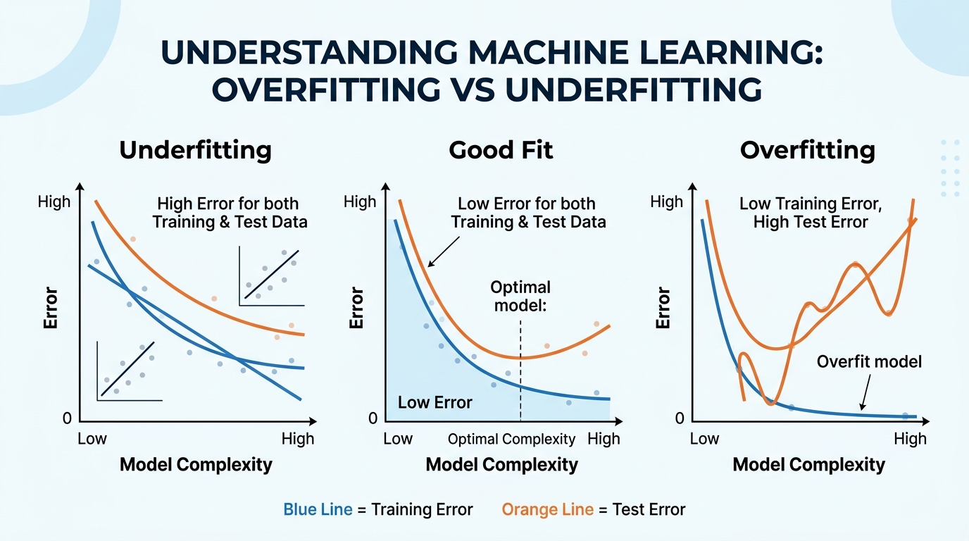 Diagram illustrating overfitting, underfitting, and a good fit in machine learning models.