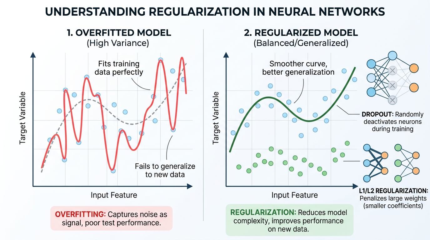 Diagram illustrating regularization techniques like dropout and L1/L2 regularization to prevent overfitting in neural networks.