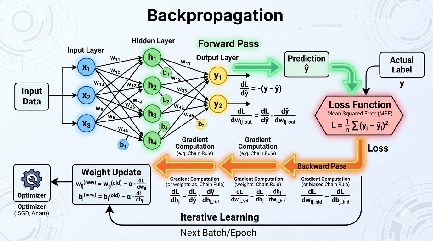A comprehensive flow diagram illustrating the iterative learning process of backpropagation in a neural network, showing forward pass, loss calculation, backward pass, and weight updates.