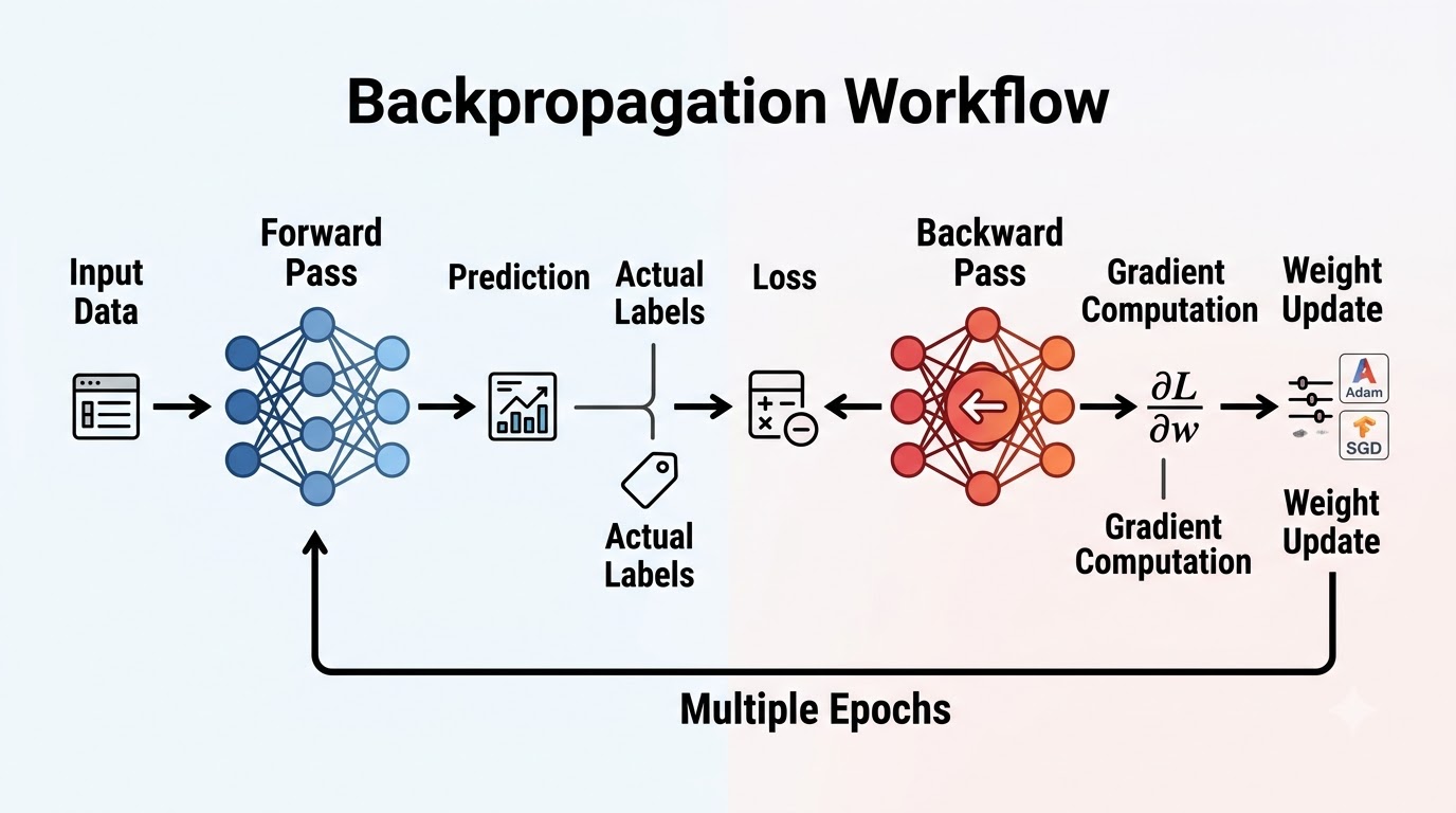 A step-by-step flow diagram of the backpropagation workflow, showing forward propagation, prediction, loss calculation, backward pass, gradient computation, and weight updates over multiple epochs.