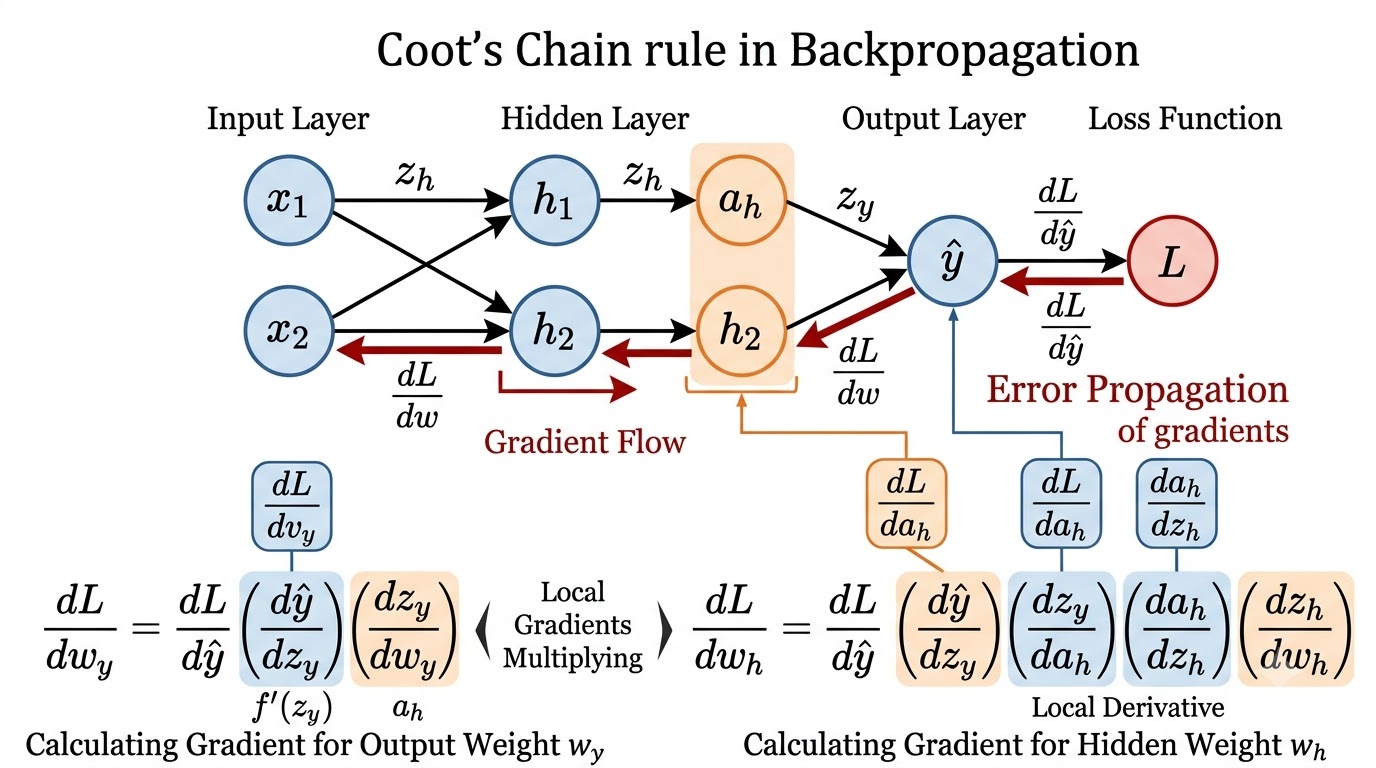A diagram explaining gradient calculation using the chain rule in backpropagation, showing error propagating backward through neural network layers with mathematical derivatives.