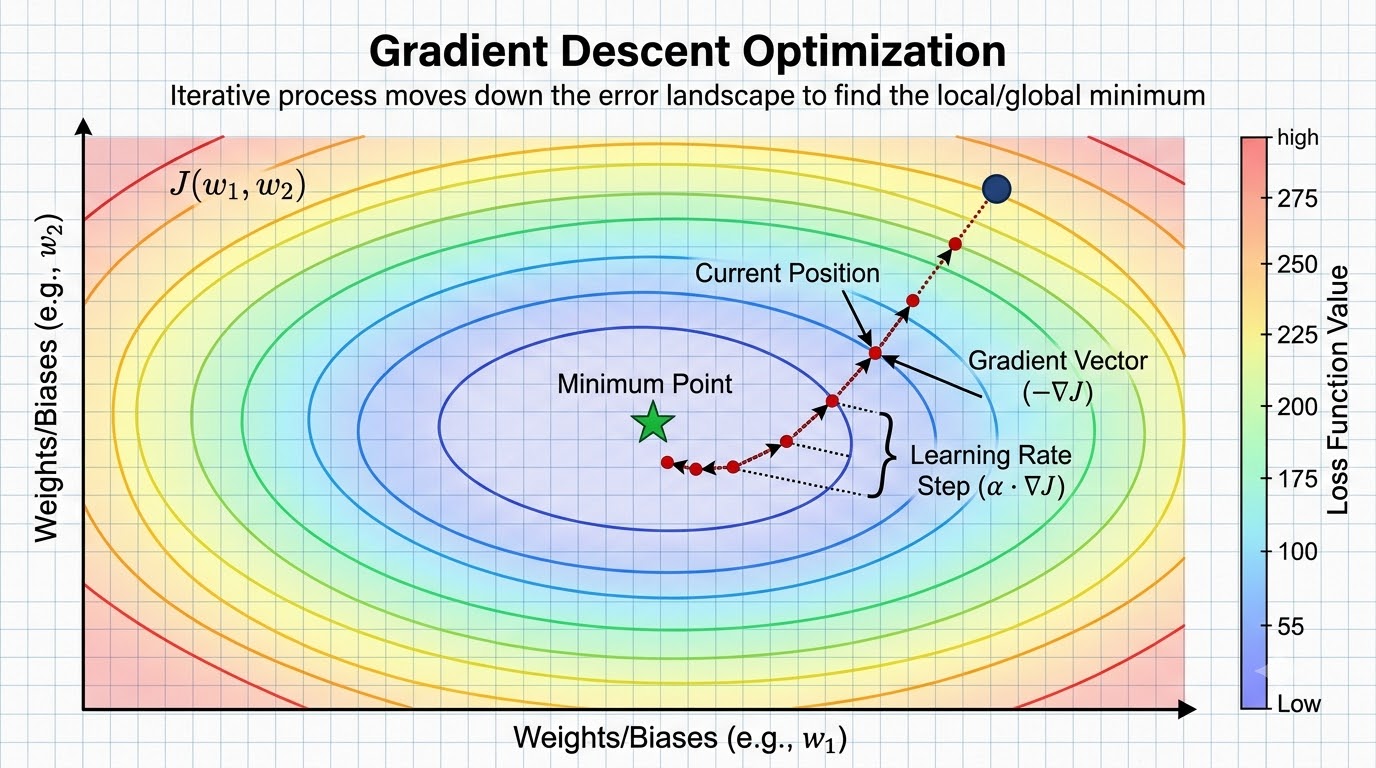 A contour plot illustrating Gradient Descent, showing a marker iteratively moving down a loss function surface towards a minimum, guided by negative gradients and a learning rate.