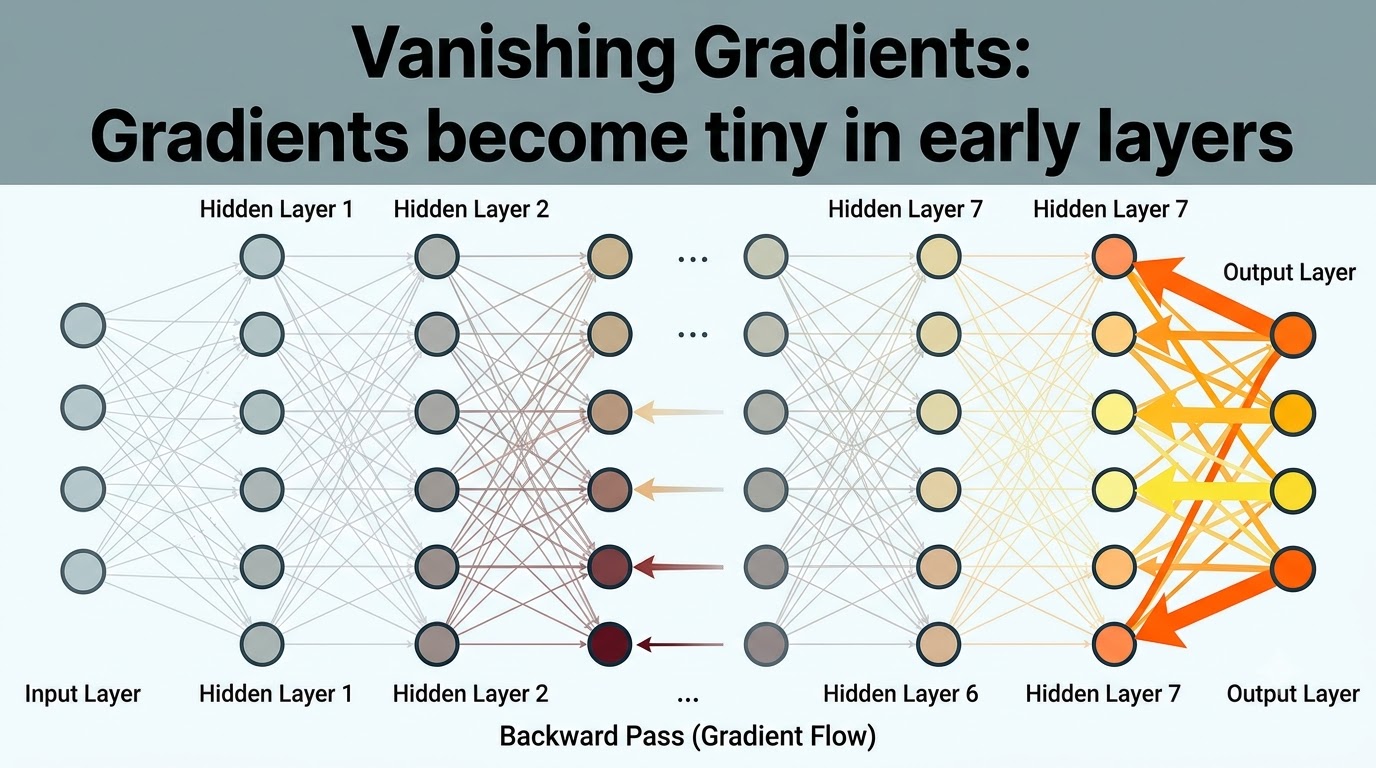 A diagram illustrating the vanishing gradient problem in deep neural networks, where gradients diminish as they propagate backward through layers, leading to slow learning in early layers.