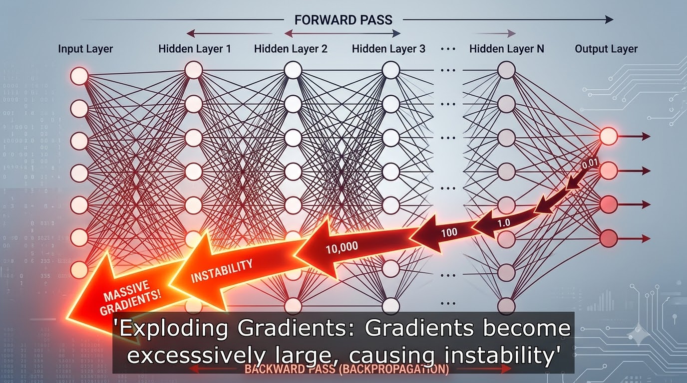 A diagram illustrating the exploding gradient problem in deep neural networks, where gradients grow excessively large during backpropagation, leading to unstable training.
