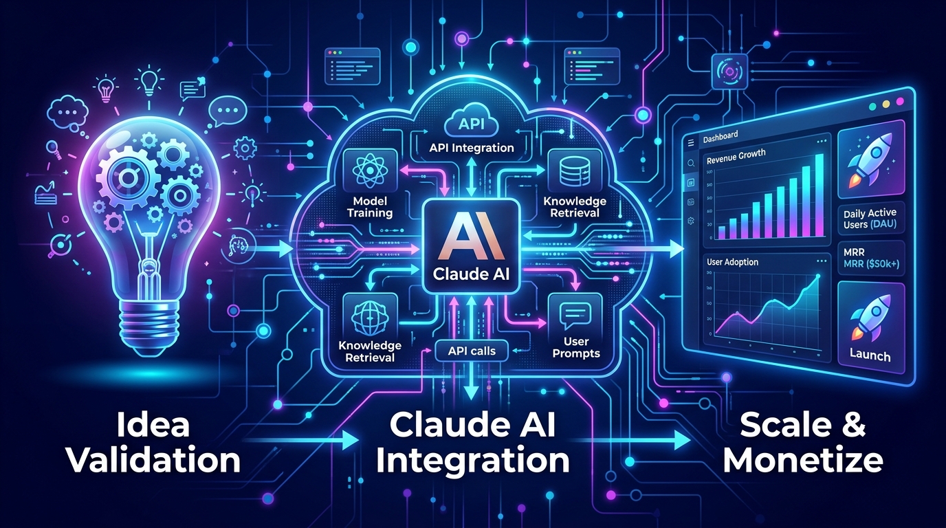 A comprehensive diagram illustrating the journey of building AI SaaS with Claude AI, from idea to deployment and monetization.