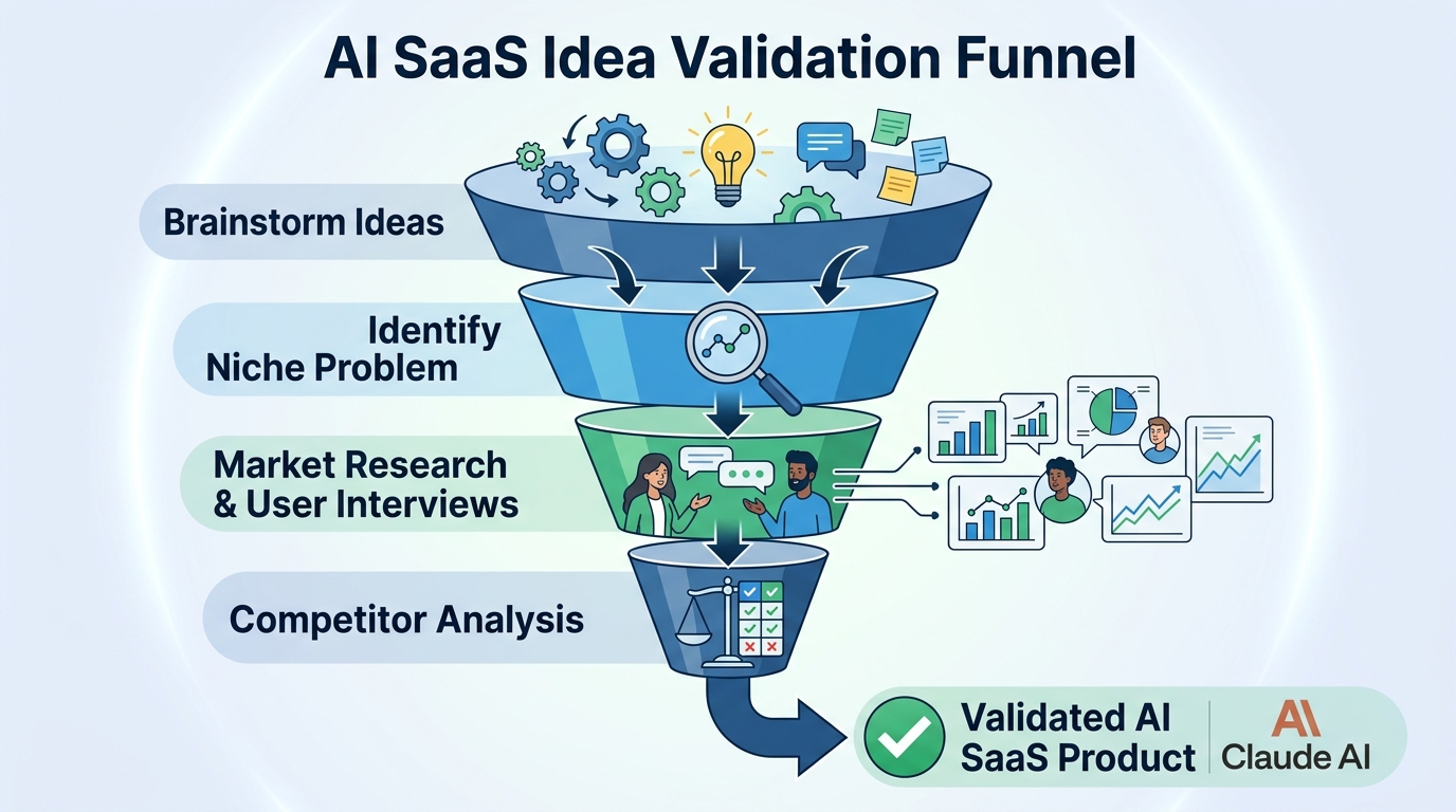 An infographic showing the AI SaaS idea validation funnel, from brainstorming to a validated product.