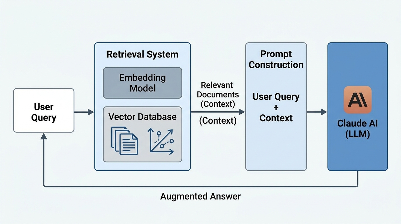 A diagram showing the architecture and data flow of a Retrieval-Augmented Generation (RAG) system with Claude AI.