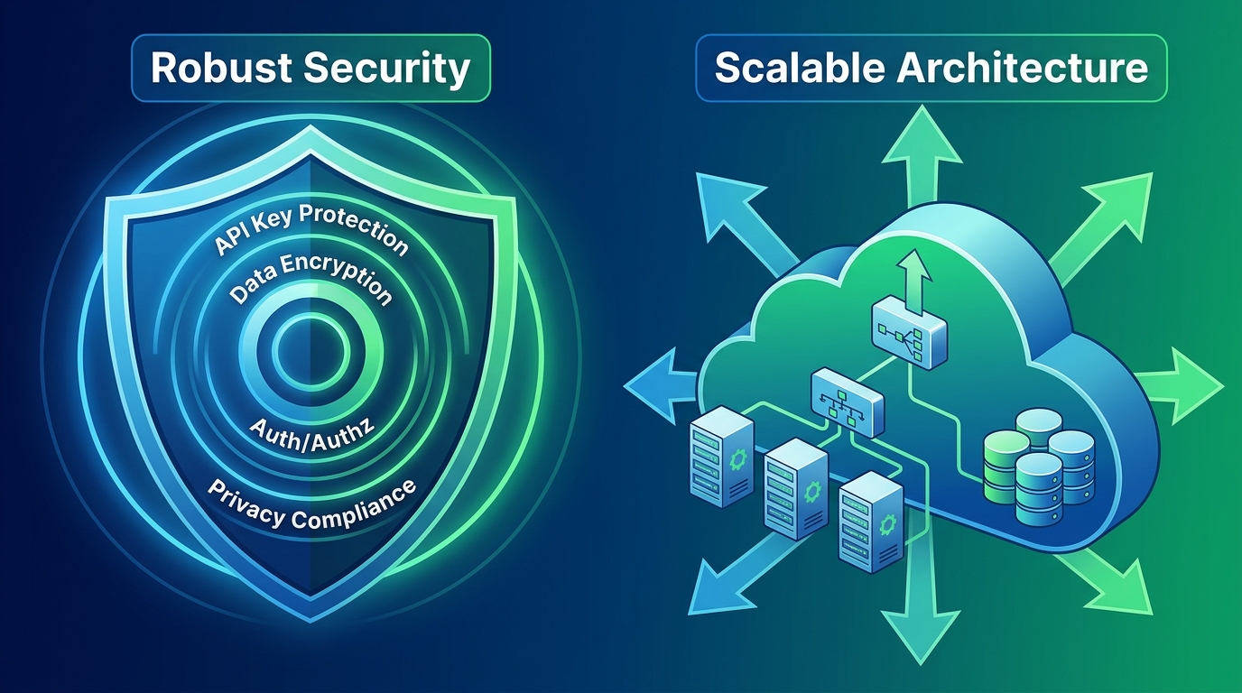 A conceptual image illustrating robust security layers and scalable infrastructure for an AI SaaS application.
