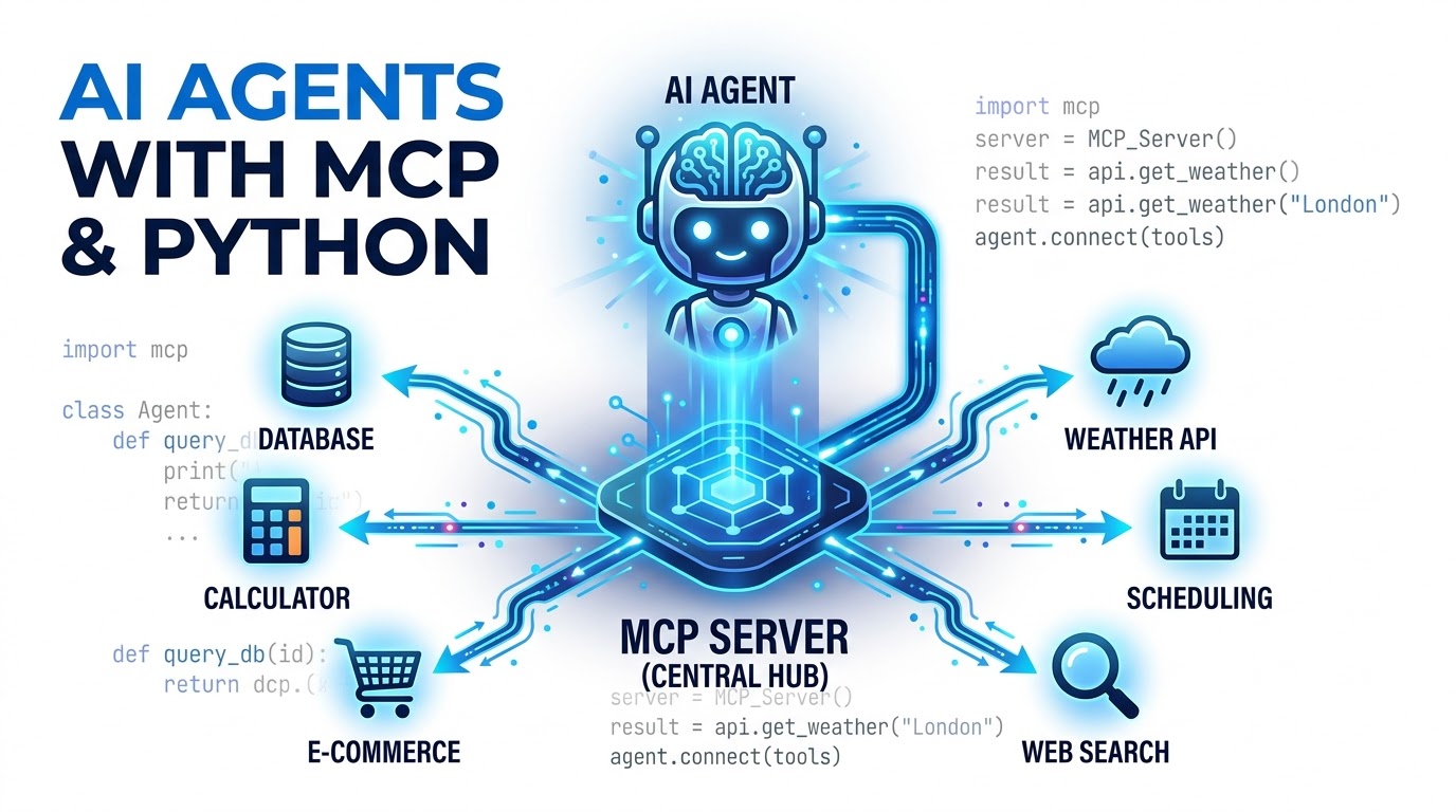A hero image illustrating an AI agent connected to various external tools and data sources through an MCP Server, with Python code elements in the background.
