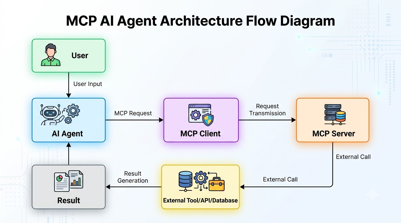 Architectural diagram showing the interaction flow between a User, AI Agent, MCP Client, MCP Server, and an External Tool/API/Database.
