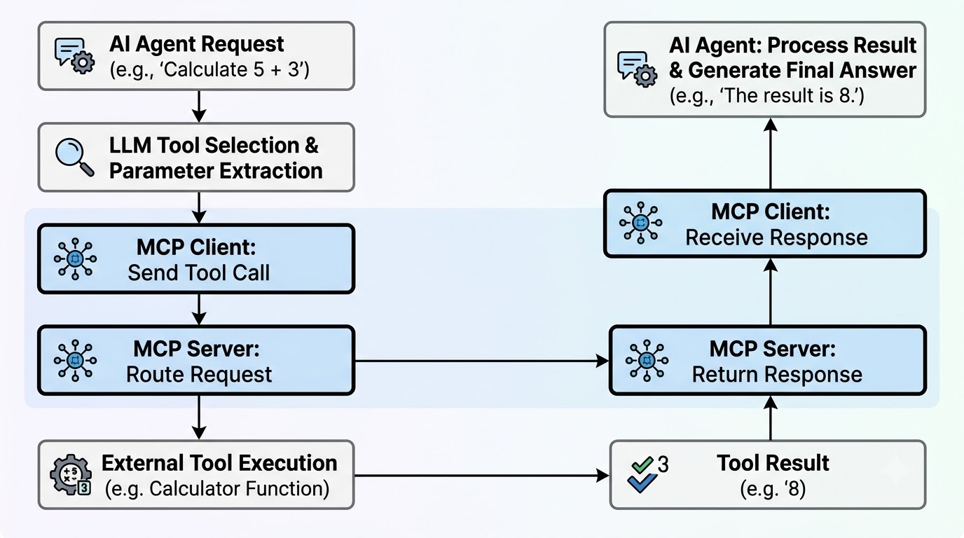 Flowchart detailing the process of an AI agent executing a tool through the MCP client and server, from initial request to final response.