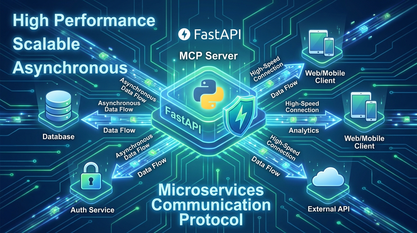Architectural diagram of a high-performance MCP server built with Python and FastAPI, showing its central role in microservices communication. server built with Python and FastAPI. The central element is a stylized server icon, clearly labeled MCP Server, with the Python logo subtly integrated into its core and the FastAPI logo prominently displayed as a shield or a speed indicator. Arrows radiate outwards, connecting to various microservices represented by smaller, distinct icons e.g., database, authentication service, analytics service, client applications like web/mobile. The arrows should indicate high-speed, asynchronous data flow. The background is a clean, modern tech-inspired grid or circuit board pattern with a blue and green color palette, conveying efficiency and connectivity. Text overlays: High Performance, Scalable, Asynchronous, Python, FastAPI. The overall style is clean, professional, and dynamic.