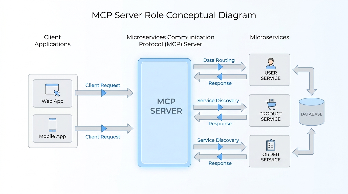 Conceptual diagram showing an MCP server acting as a central communication hub between client applications and various microservices.