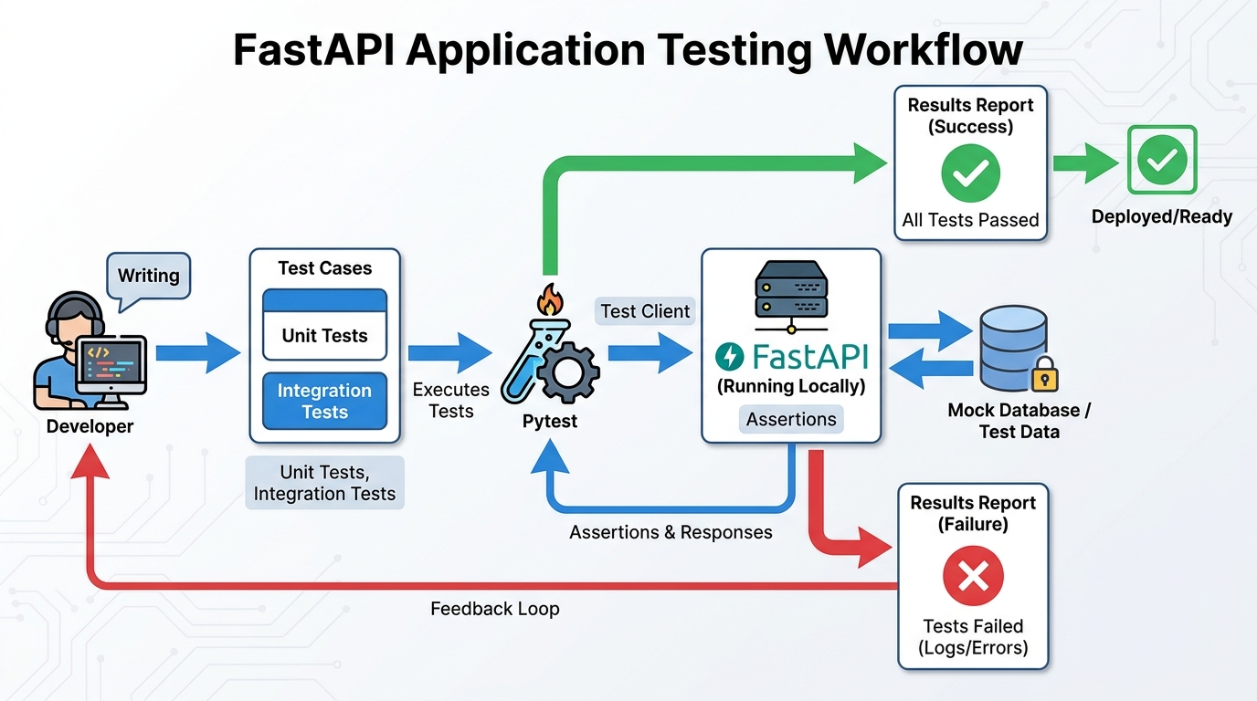 Workflow diagram for testing a FastAPI MCP server using pytest and httpx, showing unit and integration testing.