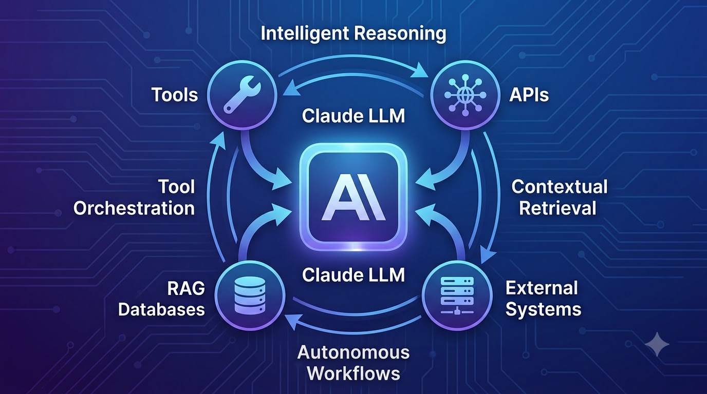 A hero image illustrating the Claude AI Agent Ecosystem, showing Claude LLM connected to tools, APIs, RAG databases, and external systems in a dynamic, intelligent workflow.