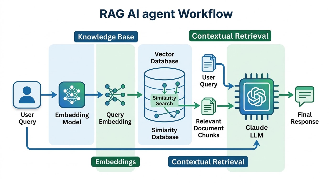 Diagram illustrating the Retrieval Augmented Generation (RAG) workflow within an AI agent, showing how user queries are embedded, used to retrieve relevant documents from a vector database, and then combined with the query for the LLM to generate a response.