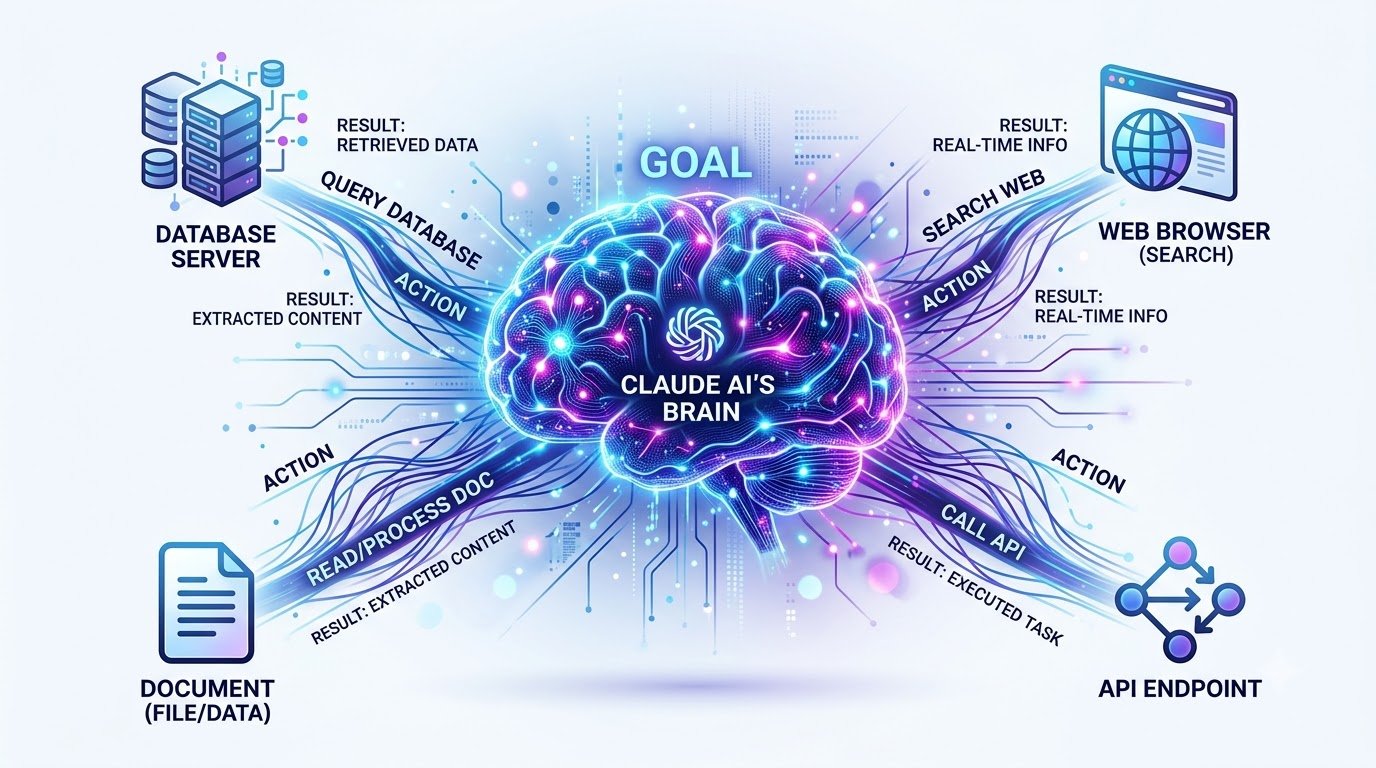 A conceptual diagram illustrating Claude AI agents connecting to external tools and data sources to perform autonomous workflows, showing the flow from goal to action to result.